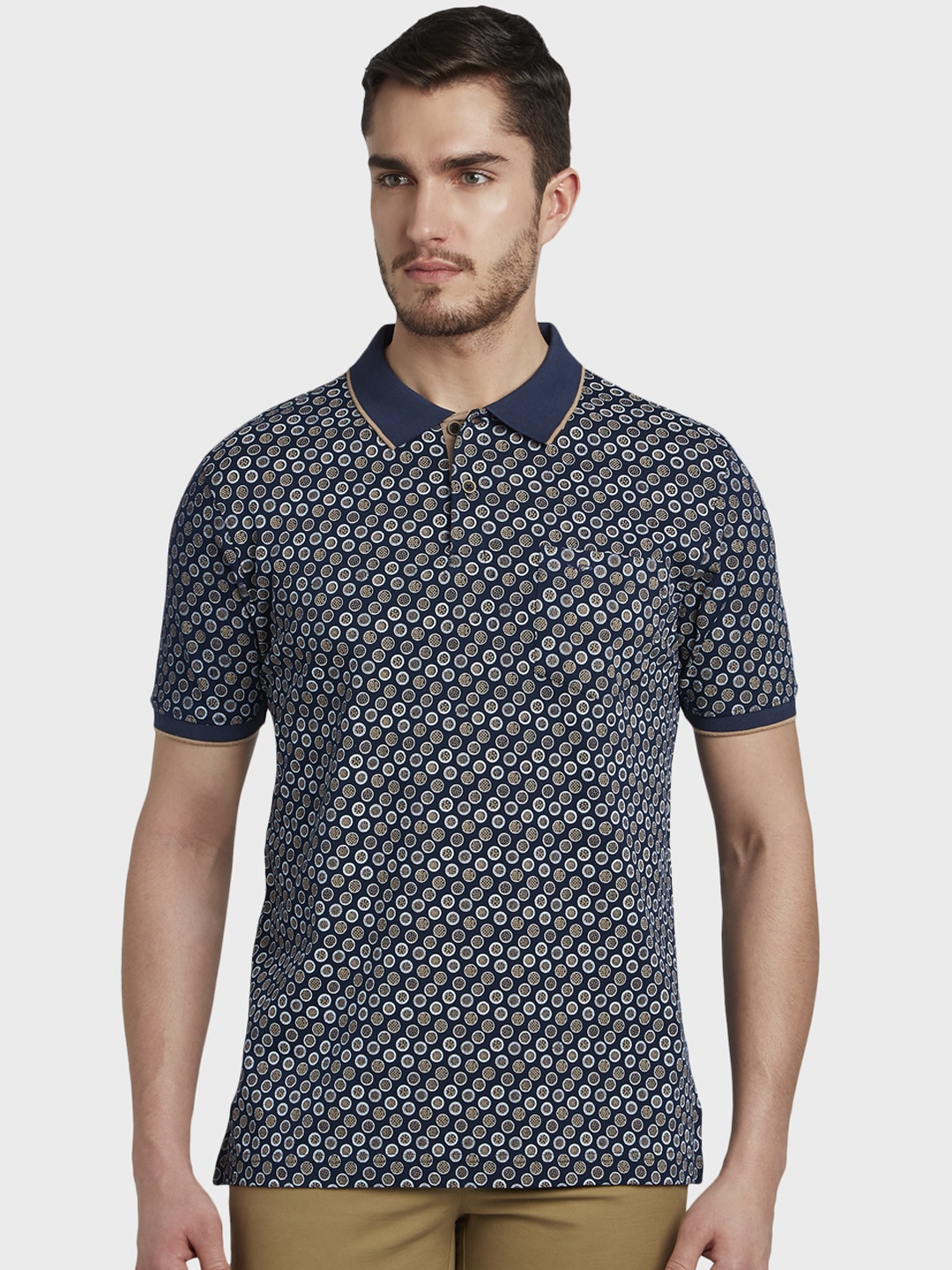 

ColorPlus Men Navy Blue & Beige Printed Polo Collar T-shirt