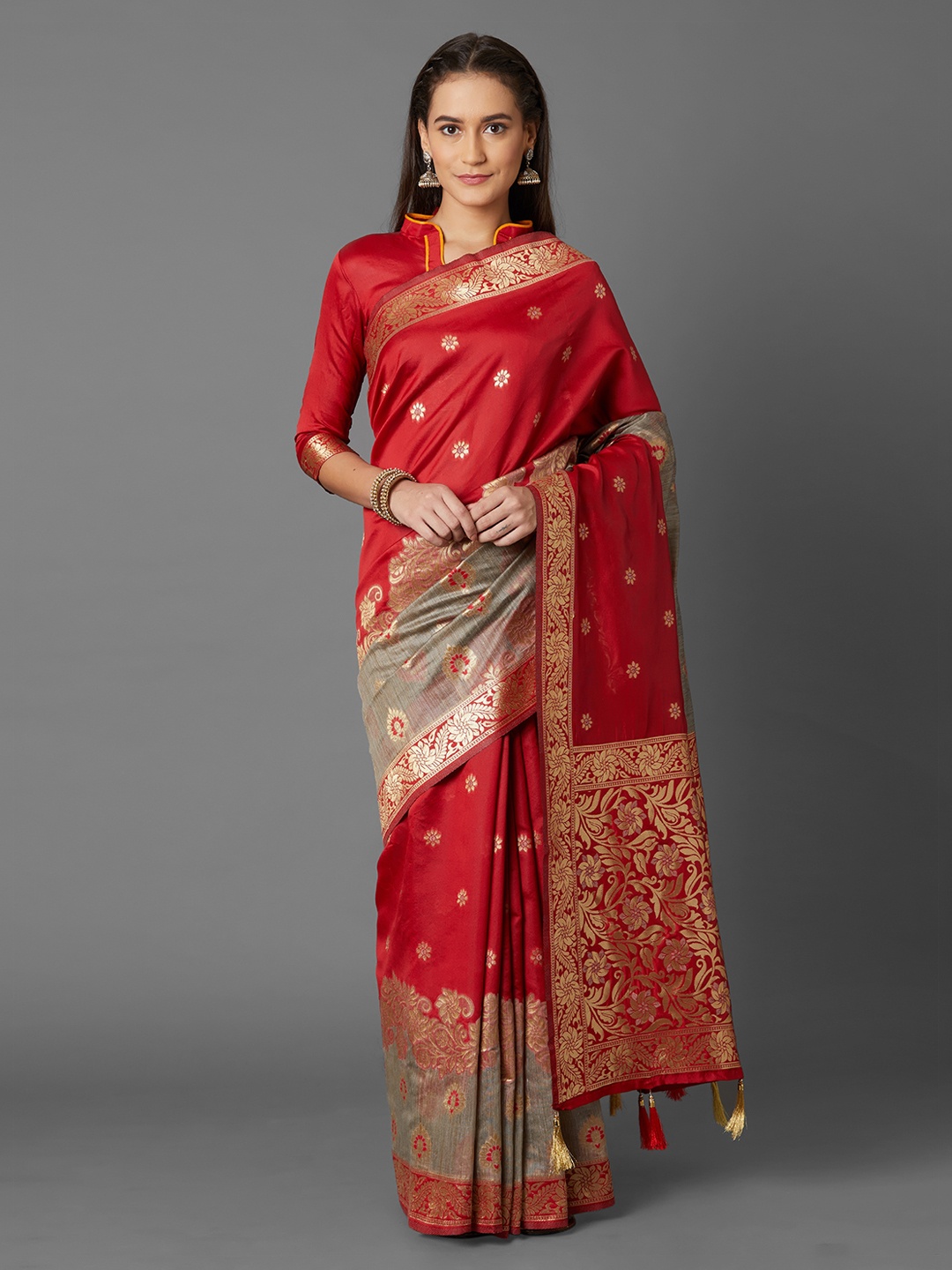 

Mitera Red & Gold-Coloured Silk Blend Woven Design Kanjeevaram Saree