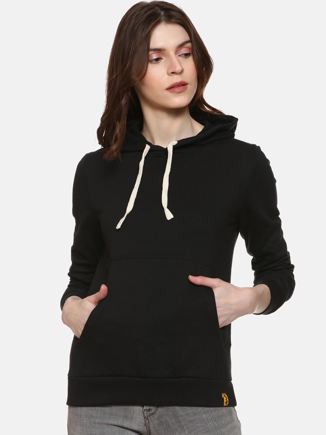 

Campus Sutra Women Black Solid Hooded Sweatshirt