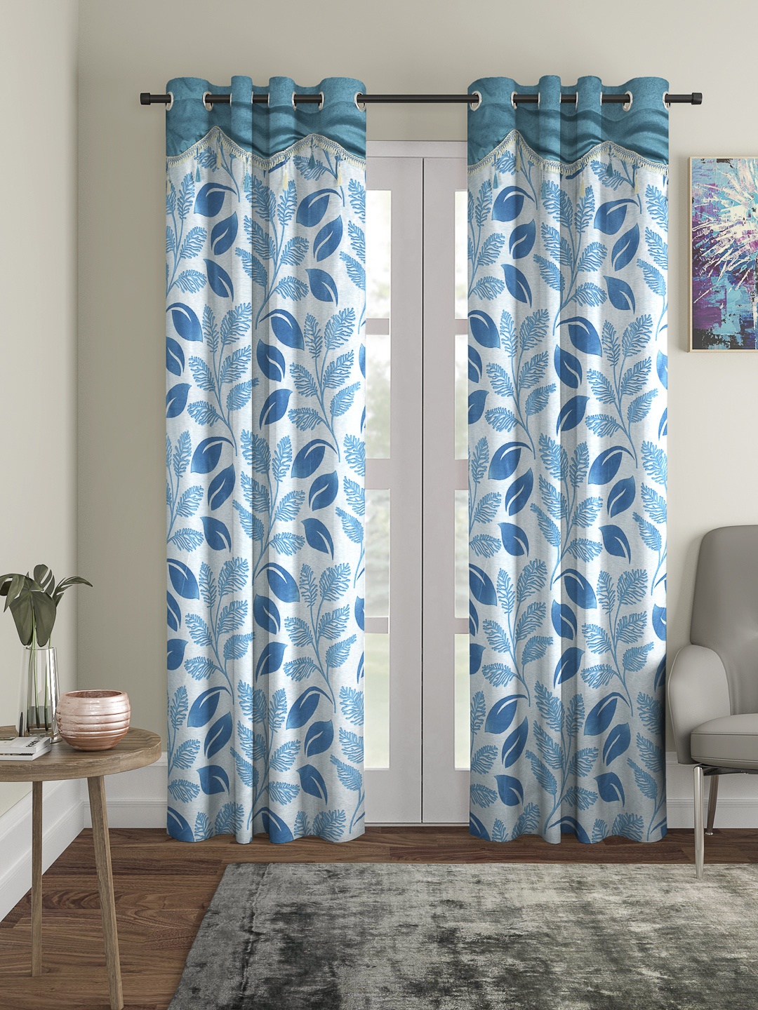 

Cortina Blue & White Set of 2 Fancy Valance Floral Printed Long Door Curtains