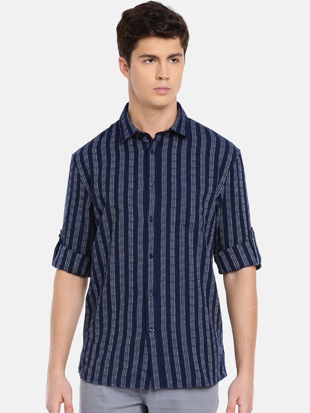

Celio Men Blue & Grey Regular Fit Striped Casual Shirt