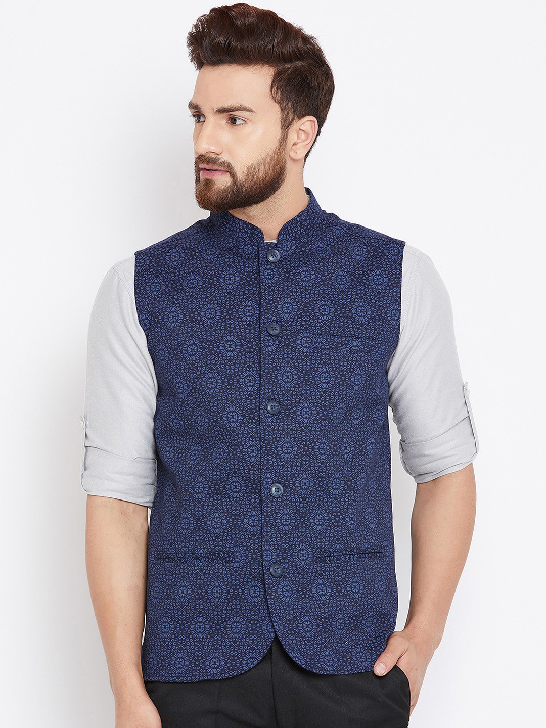 

even Men Navy Blue Printed Woven Nehru Jacket