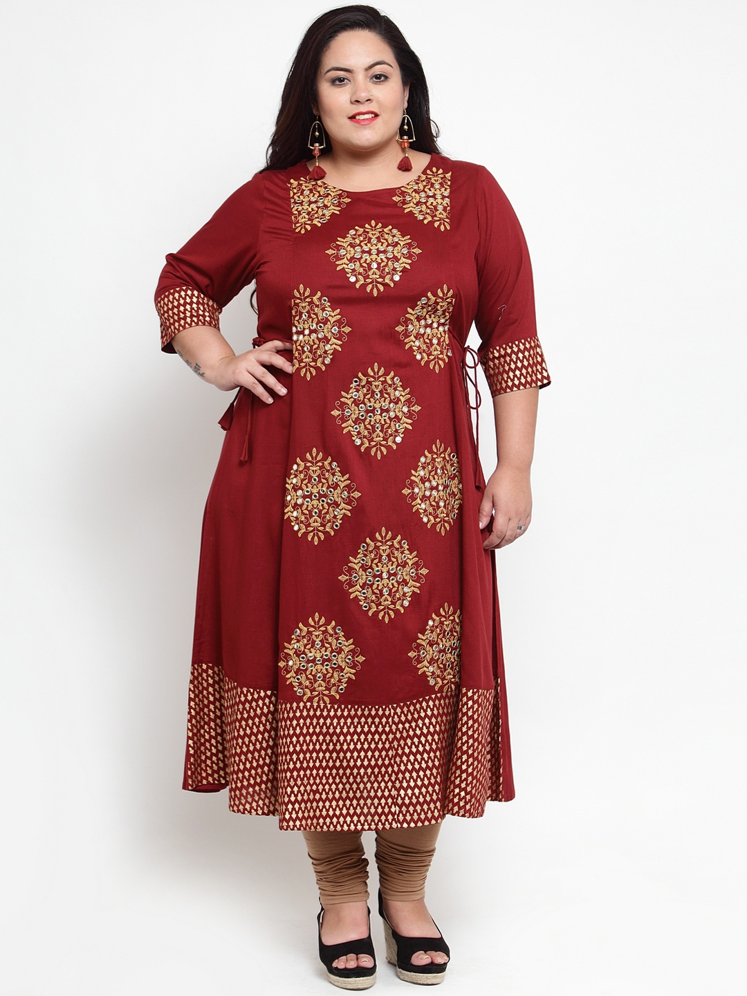 

plusS Women Maroon Embroidered A-Line Kurta