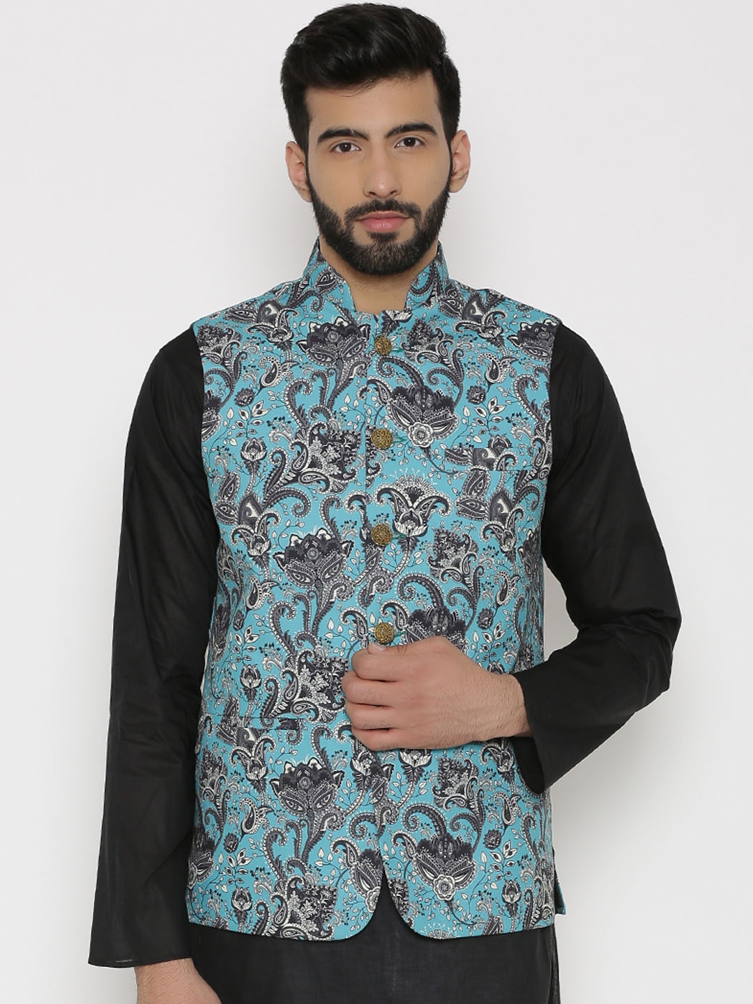 

Wintage Men Blue & Grey Printed Woven Nehru Jacket