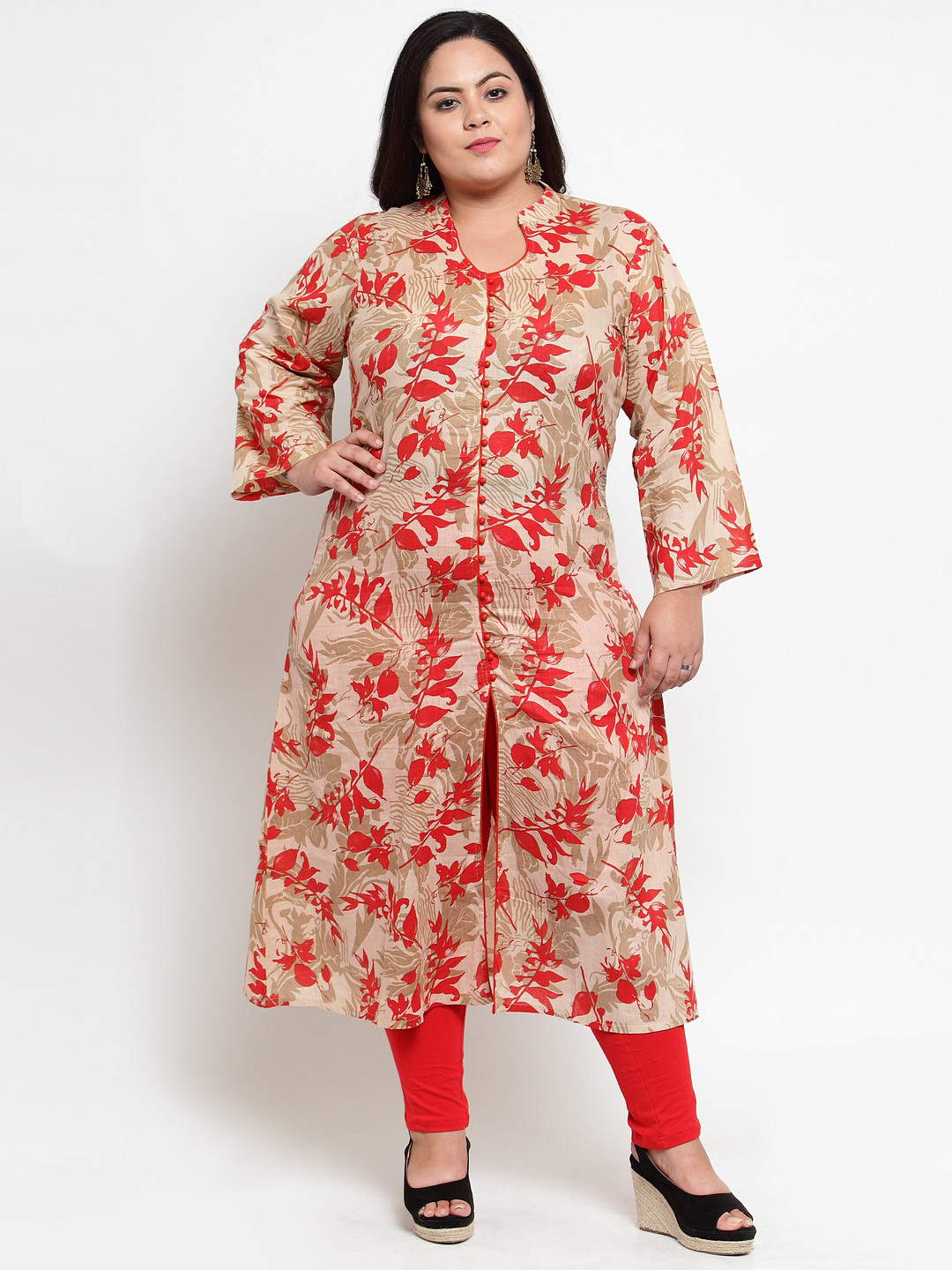 

plusS Women Beige & Red Floral Print A-Line Kurta