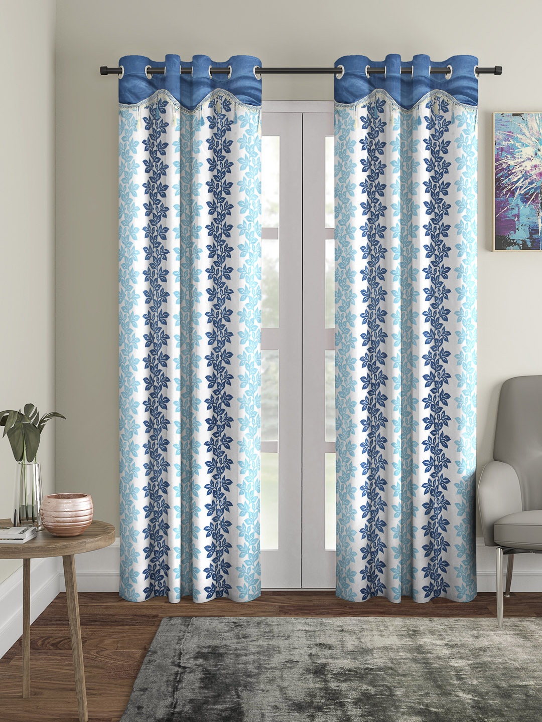 

Cortina White & Blue Set of 2 Fancy Valance Floral Printed Long Door Curtains