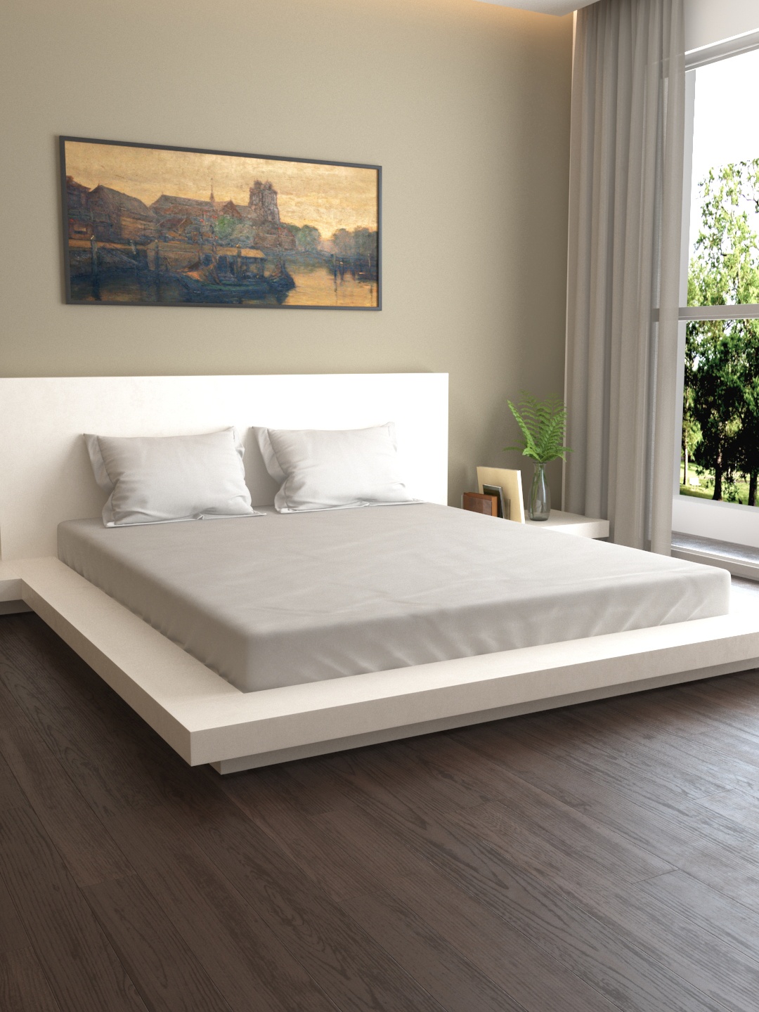 MARK HOME Silver-Toned Solid 400 TC Cotton 1 King Bedsheet with 2 Pillow Covers