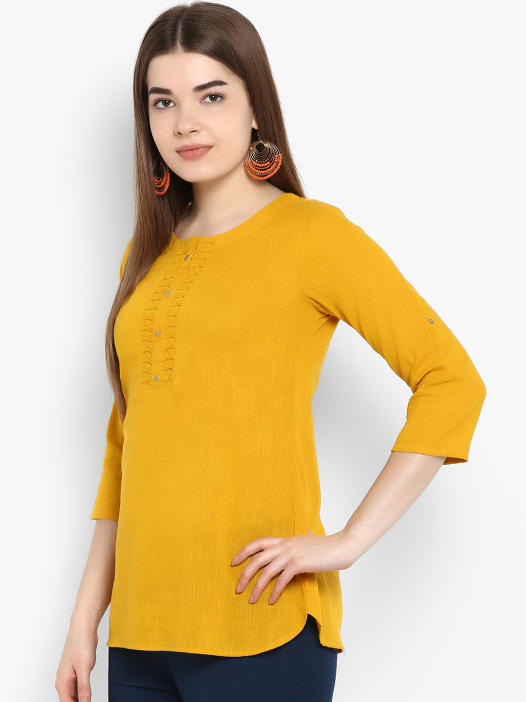 

ETHNIC STREET Women Mustard Yellow Self Design Pure Cotton Top