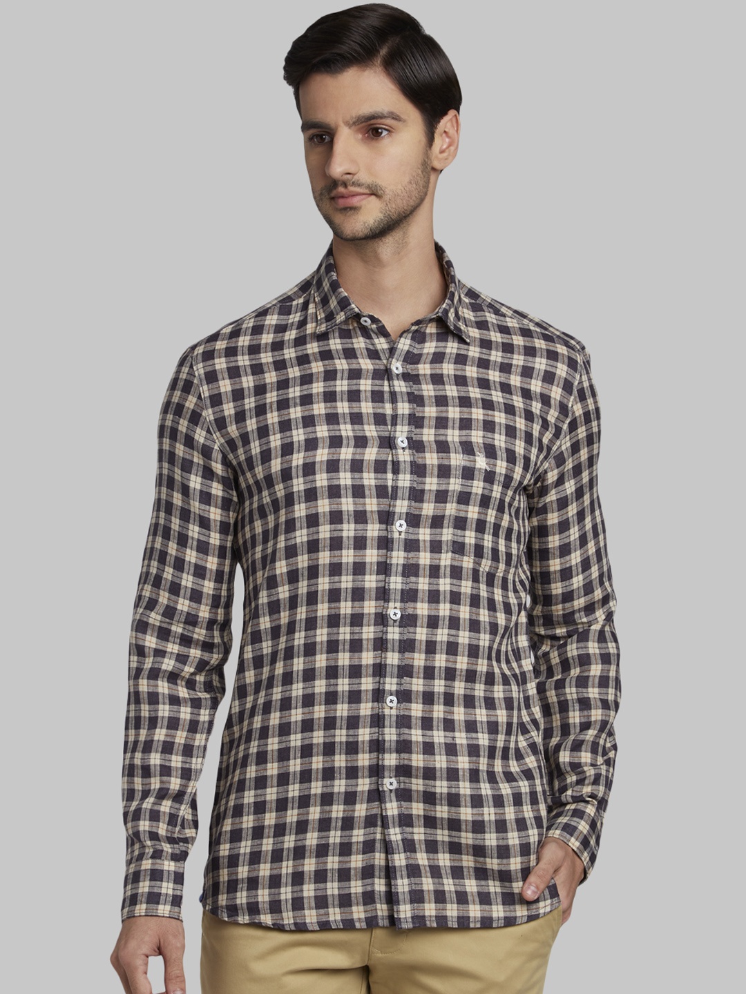 

Parx Men Beige & Charcoal Grey Slim Fit Checked Casual Shirt