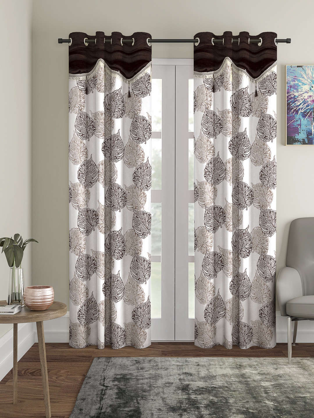 

Cortina Brown & White Set of 2 Fancy Valance Leaf Printed Long Door Curtains