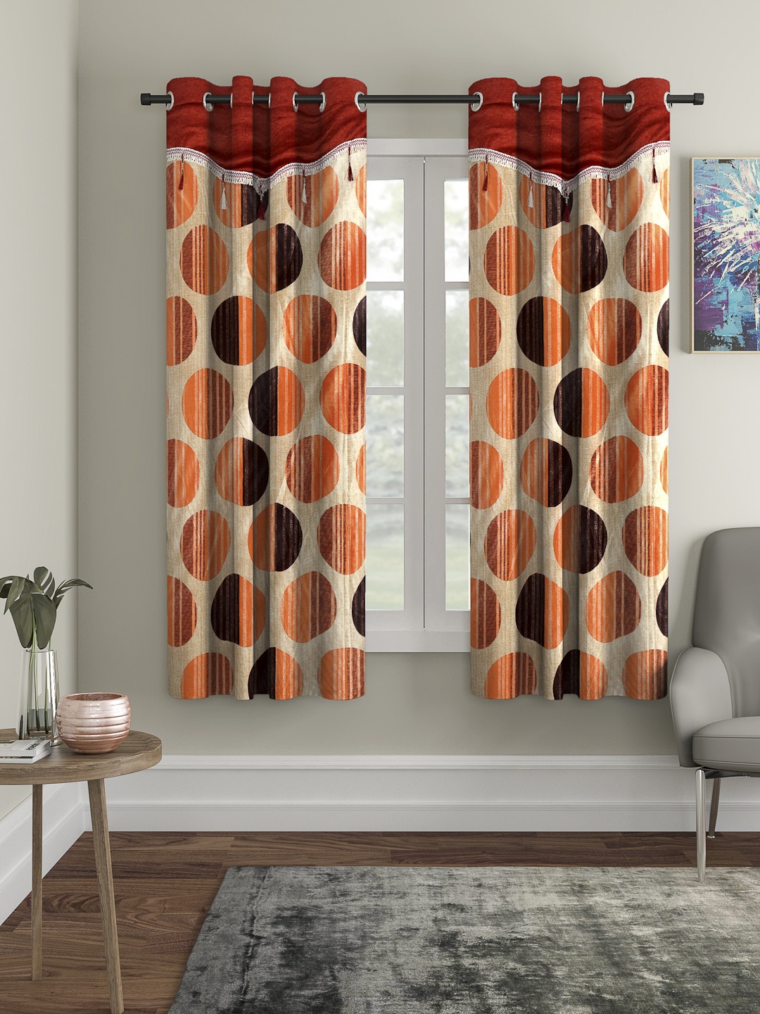 

Cortina Orange & Beige Set of 2 Fancy Valance Polka Printed Window Curtains