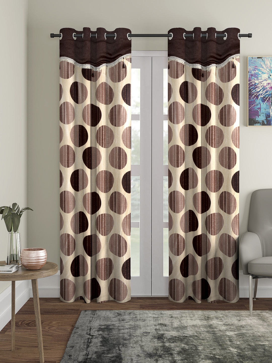 

Cortina Set of 2 Brown & Beige Fancy Valance Polka Printed Long Door Curtains