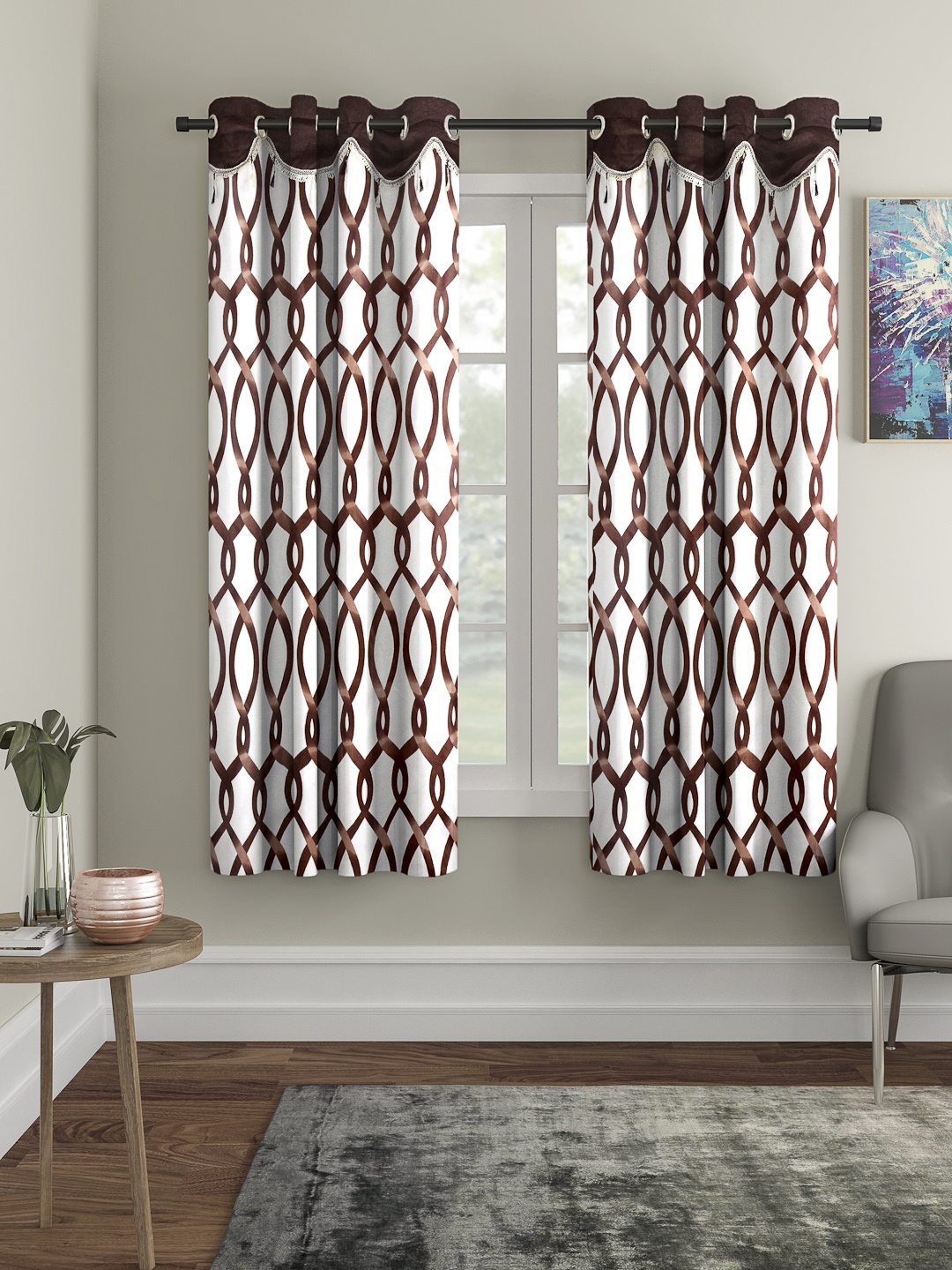 

Cortina Brown & White Set of 2 Fancy Valance Abstract Printed Window Curtains