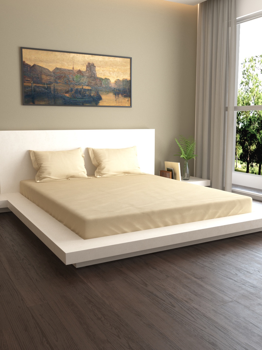 

MARK HOME Beige Solid 400 TC Cotton 1 King Bedsheet with 2 Pillow Covers