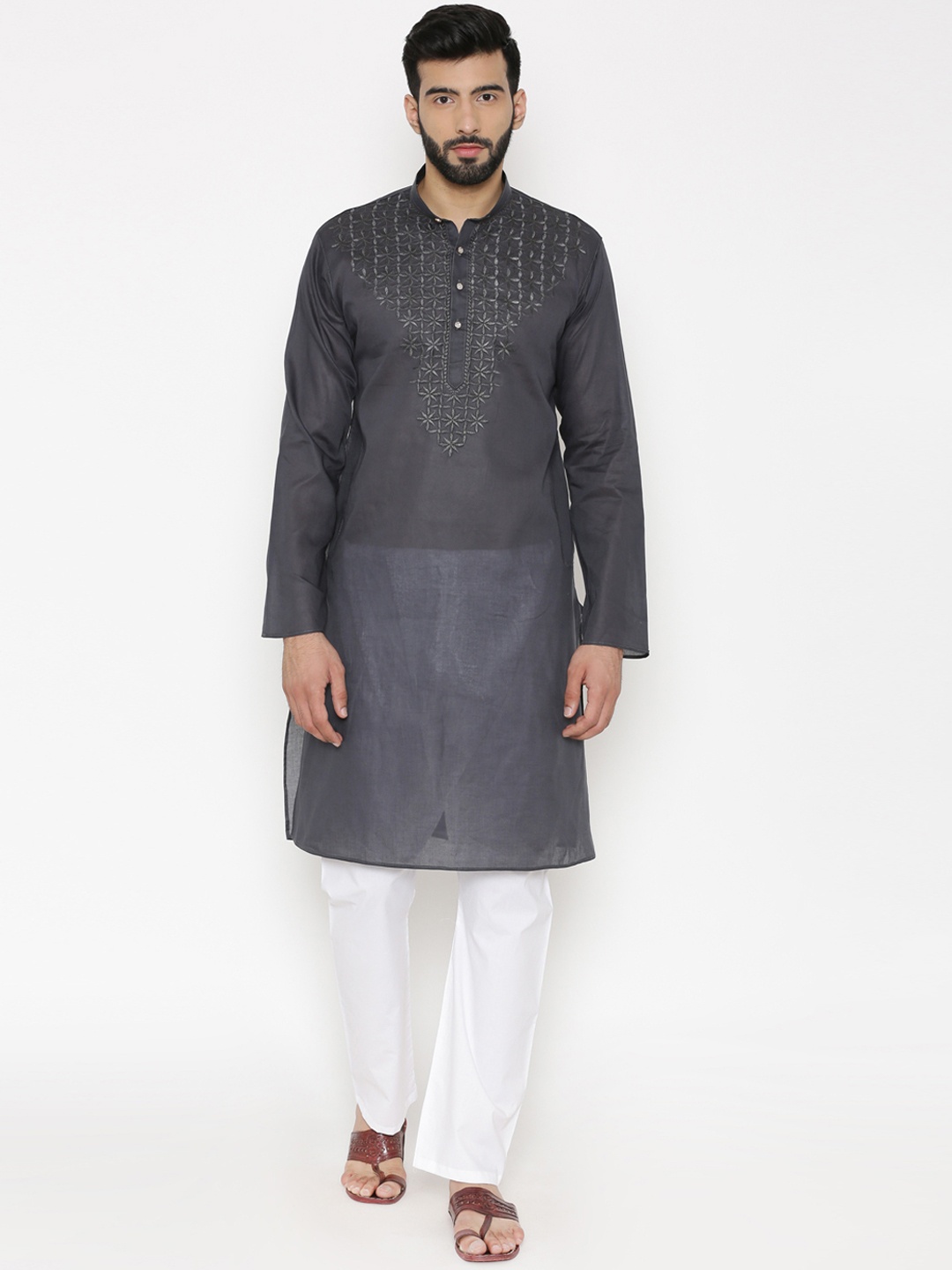 

Wintage Men Charcoal Grey & White Yoke Design Kurta with Pyjamas
