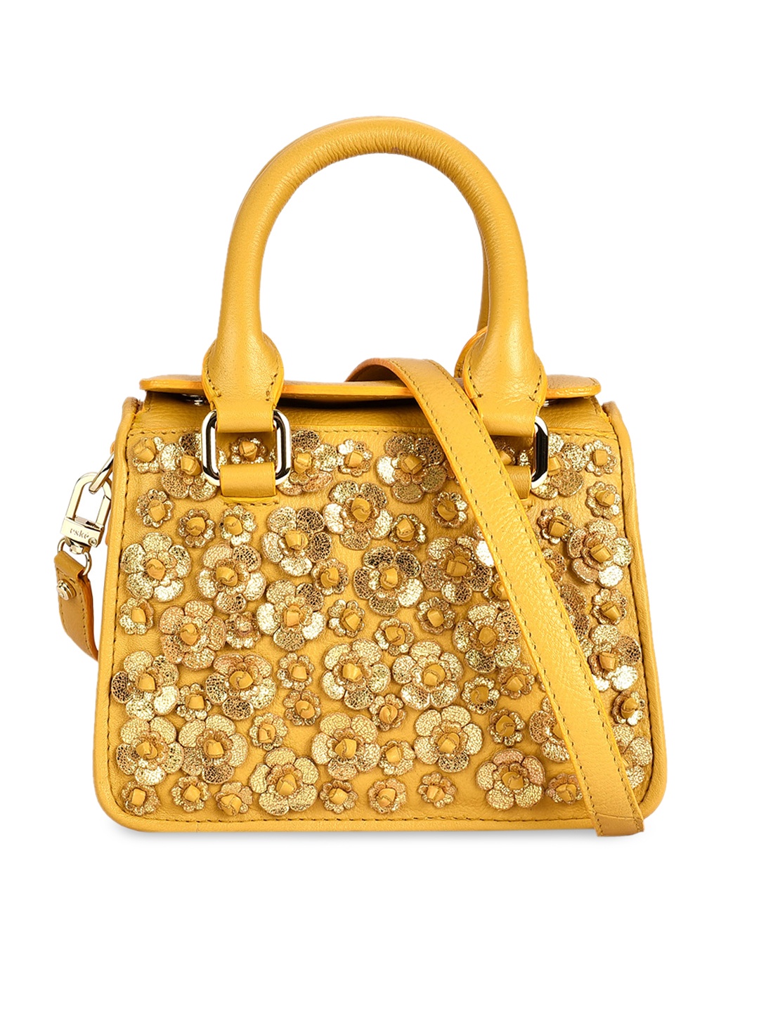 

Eske Yellow Embellished Leather Handheld Bag
