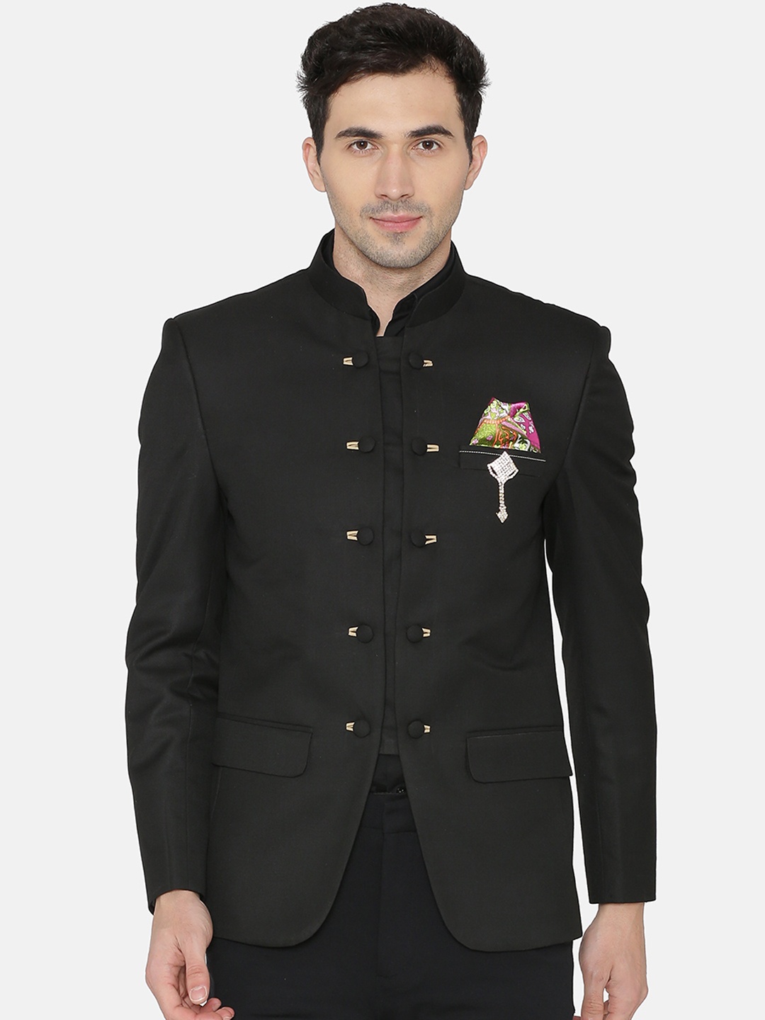 

Wintage Men Black Solid Regular Fit Bandhgala Blazer