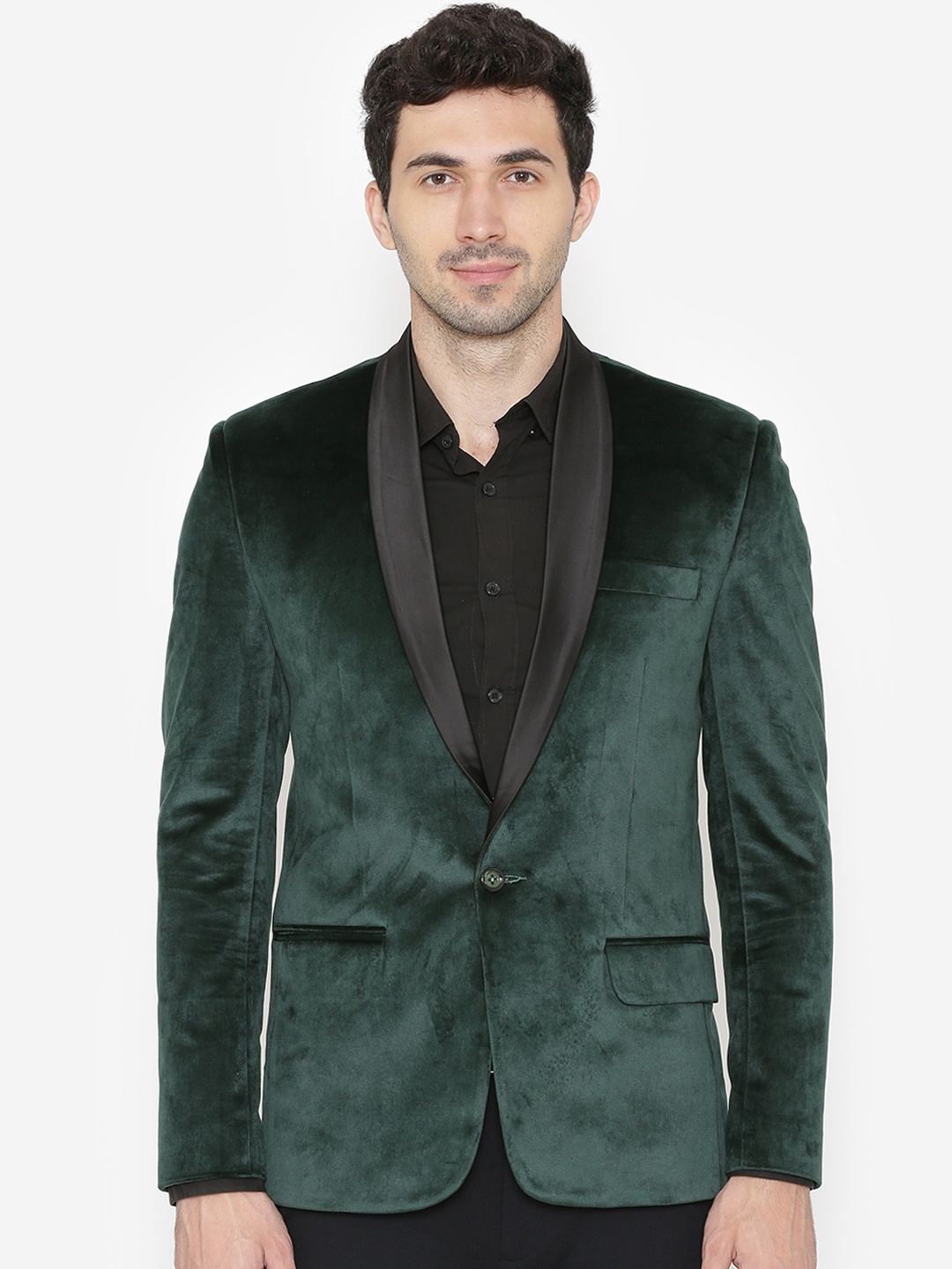 

Wintage Men Green Solid Regular Fit Velvet Tuxedo Blazer