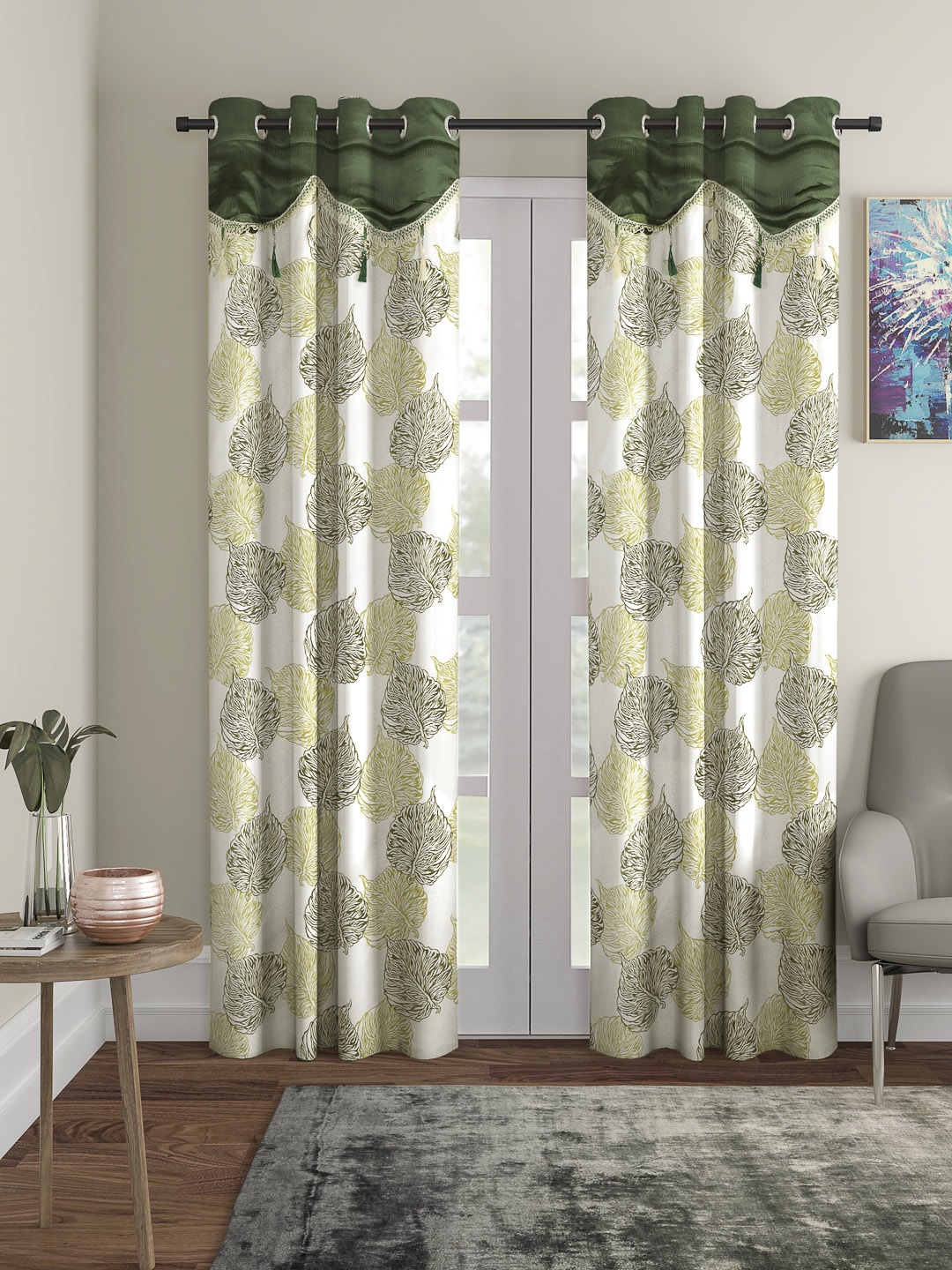 

Cortina Green & White Set of 2 Fancy Valance Leaf Printed Door Curtains