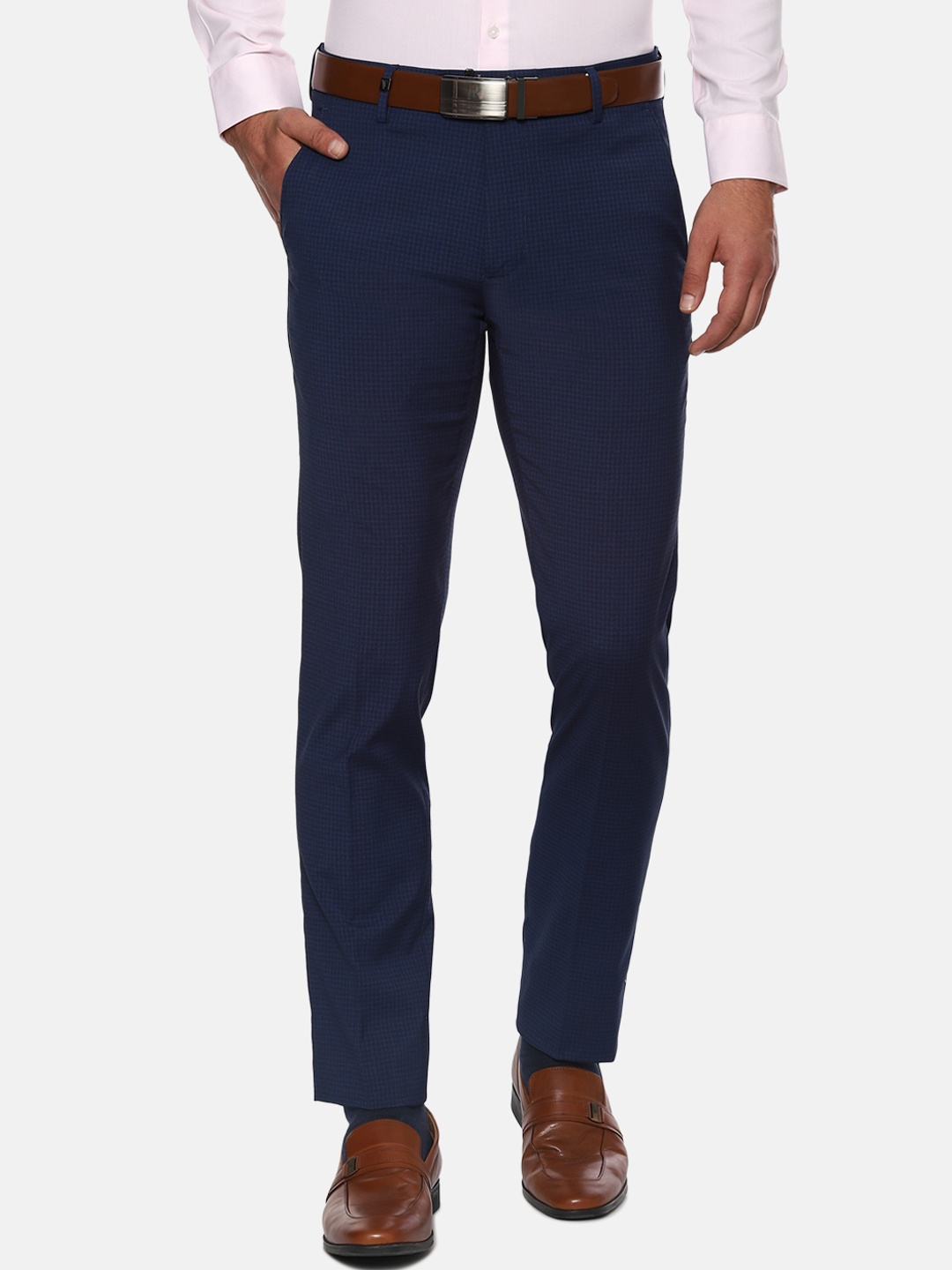 

Van Heusen Men Navy Blue Slim Fit Checked Formal Trousers