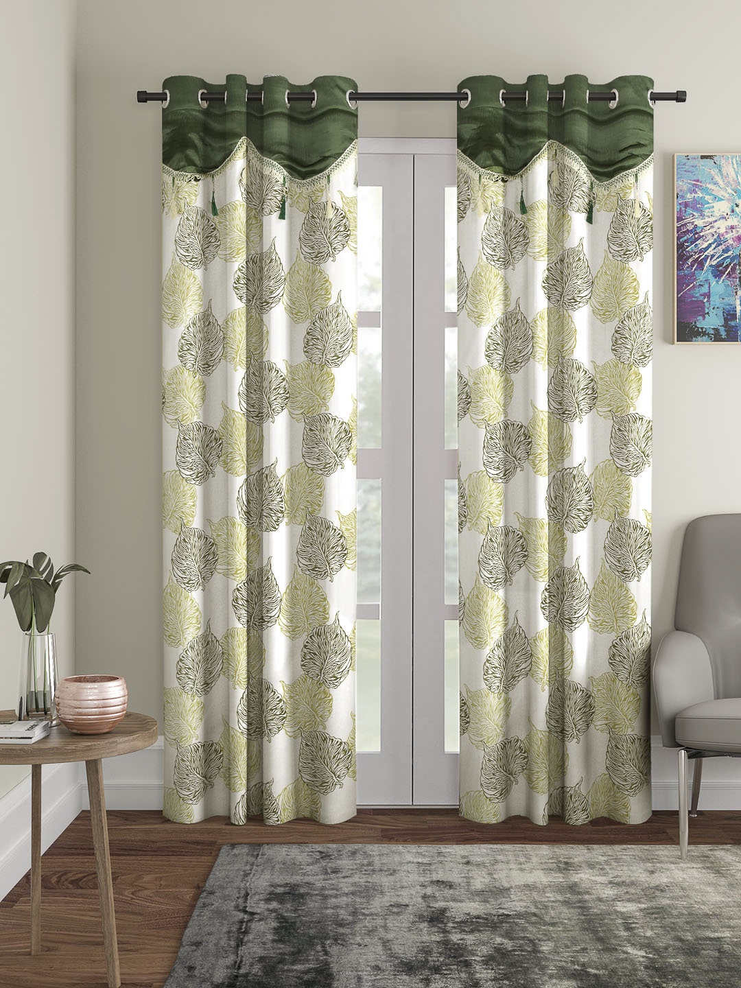 

Cortina Green & White Set of 2 Fancy Valance Leaf Printed Long Door Curtains