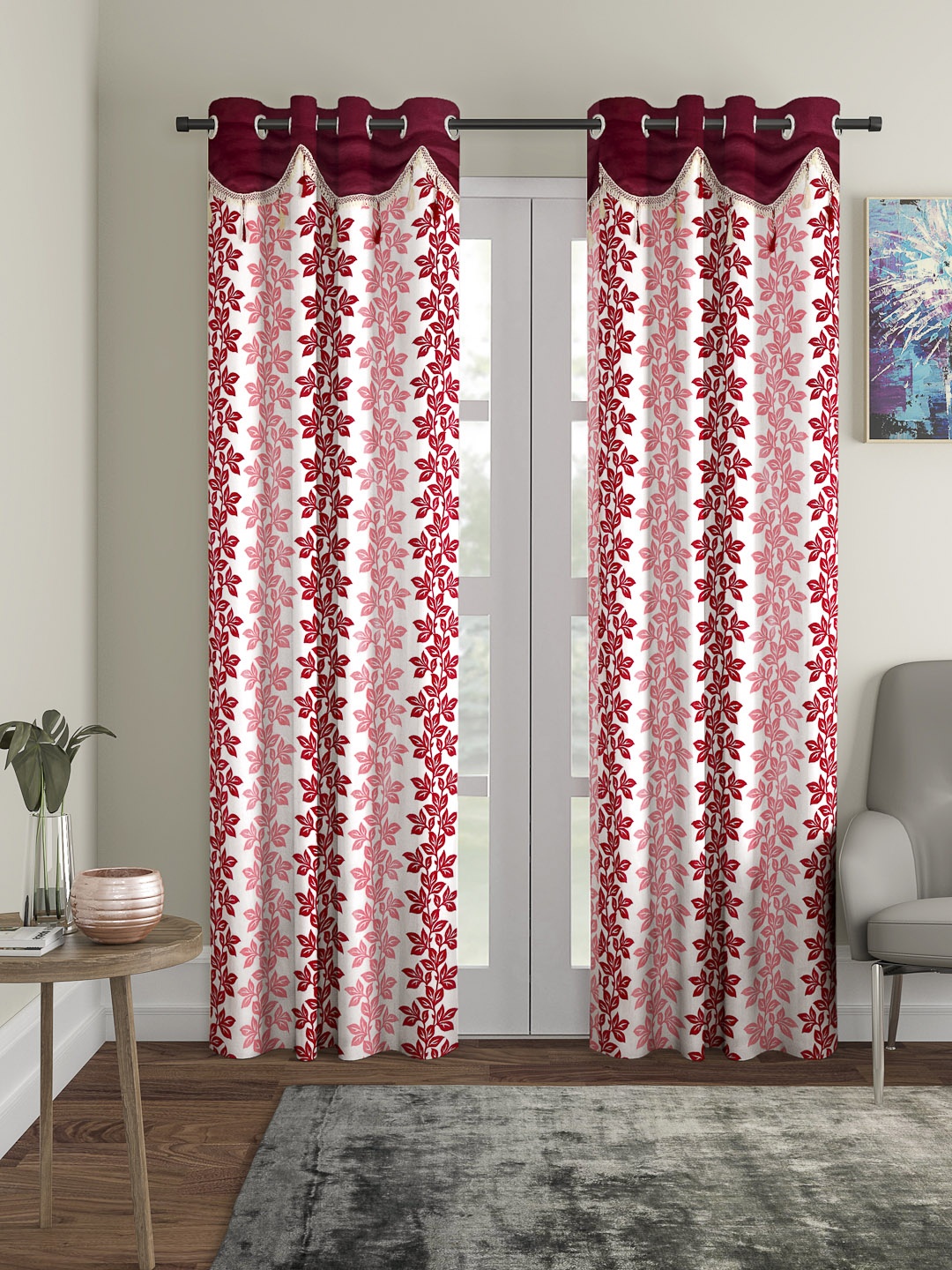 

Cortina Maroon & White Set of 2 Fancy Valance Floral Printed Long Door Curtains