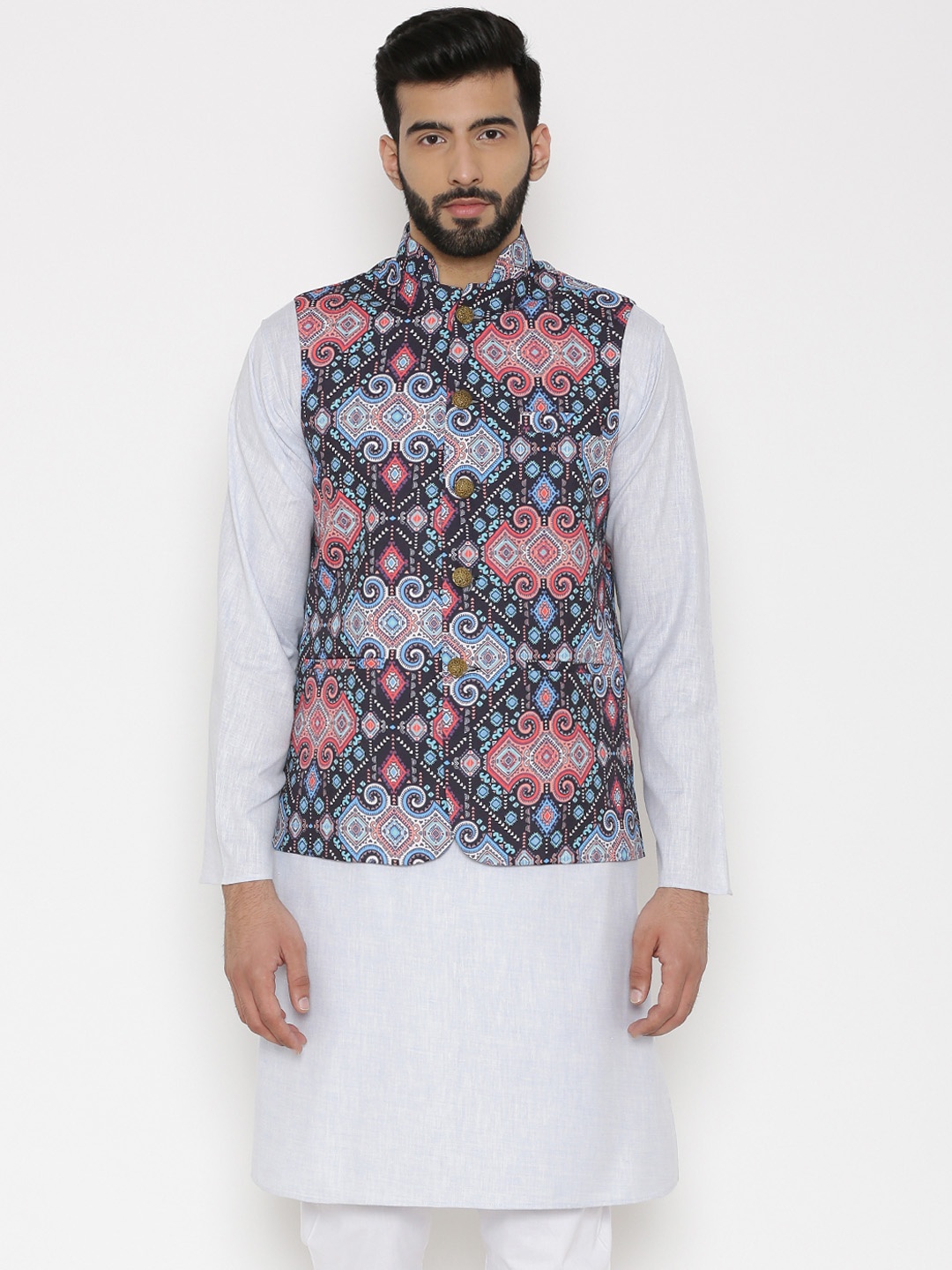 

Wintage Men Blue Printed Woven Nehru Jacket