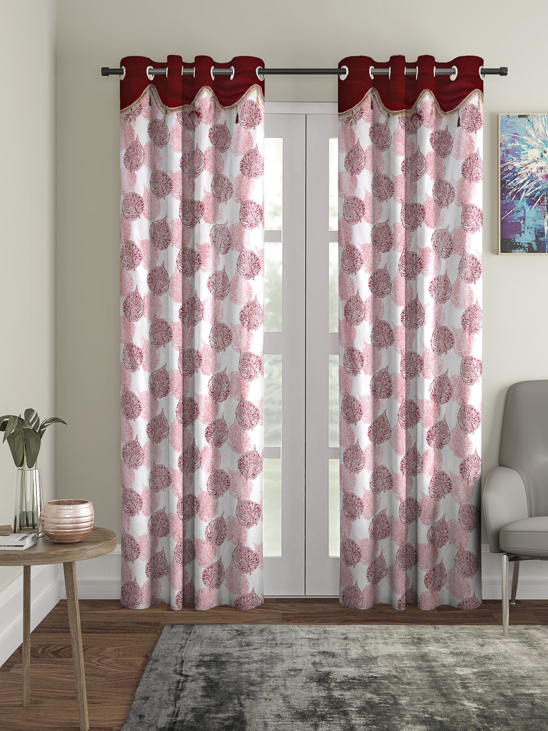 

Cortina Maroon & White Set of 2 Fancy Valance Leaf Printed Door Curtains