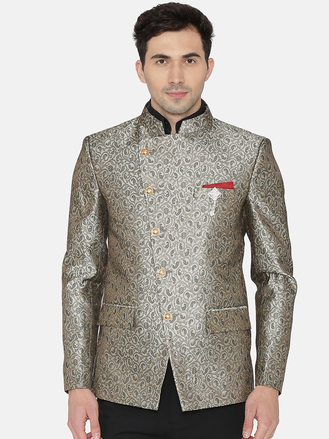 

Wintage Men Grey Self-Design Regular Fit Bandhgala Blazer