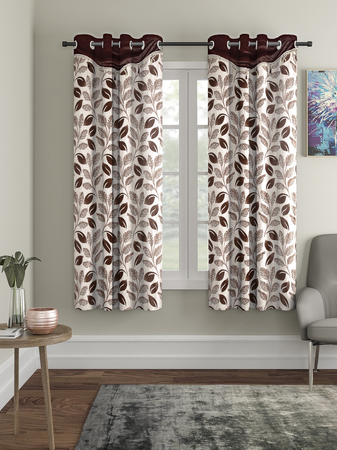 

Cortina Brown & Beige Fancy Valance Floral Printed Window Curtains