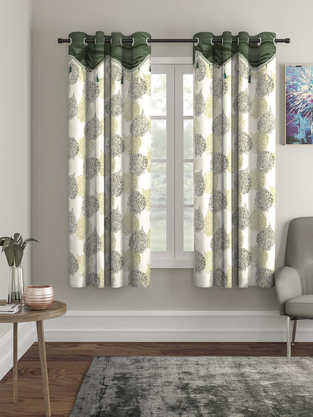 Cortina White & Green Set of 2 Fancy Valance Leaf Printed Window Curtains