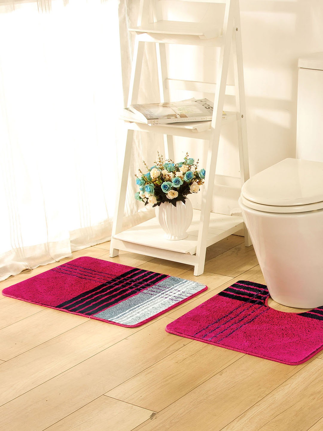 

OBSESSIONS Pink & Black Microfiber Polyester Anti-Slip Bath Rug With Pedmat