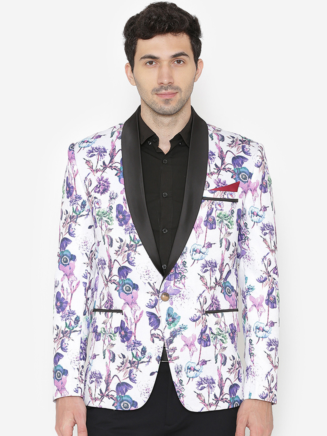 

Wintage Men White & Purple Printed Regular Fit Tuxedo Blazer