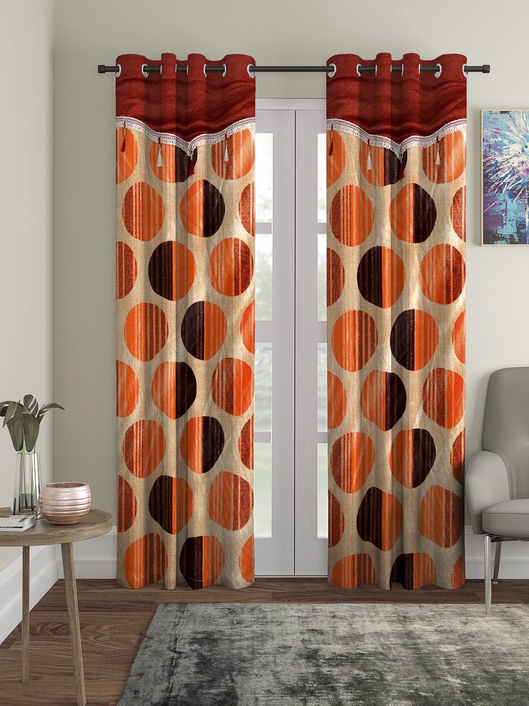 

Cortina Orange & Beige Set of 2 Fancy Valance Polka Printed Long Door Curtains