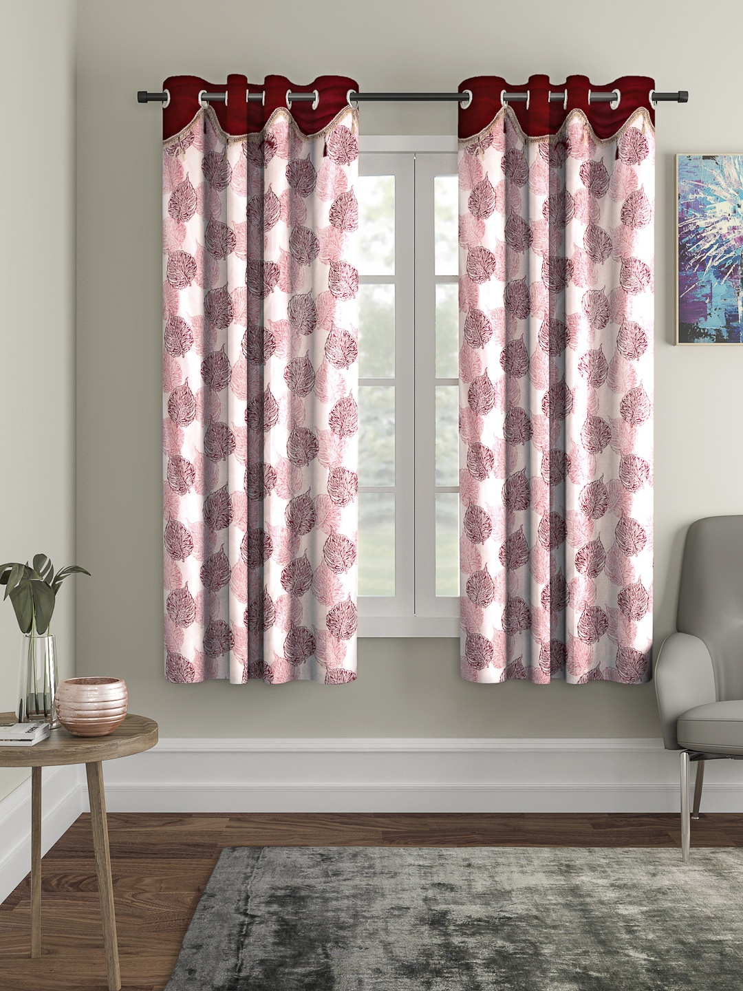 

Cortina Maroon & White Set of 2 Fancy Valance Leaf Printed Window Curtains