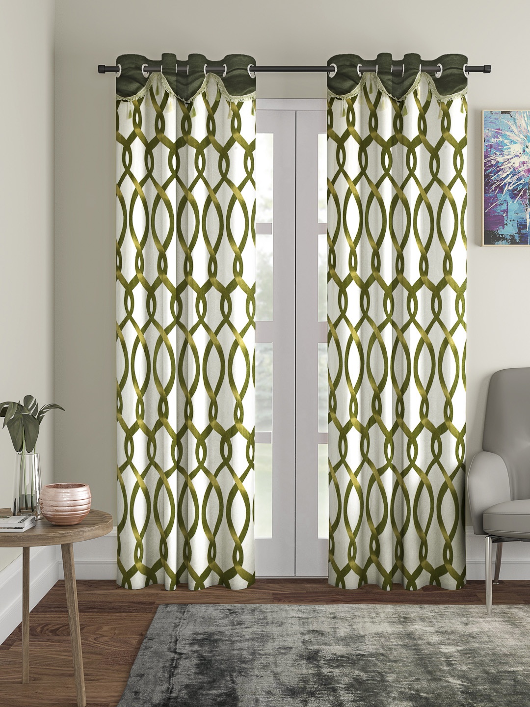 

Cortina Olive green & White Set of 2 Fancy Valance Abstract Printed Door Curtains