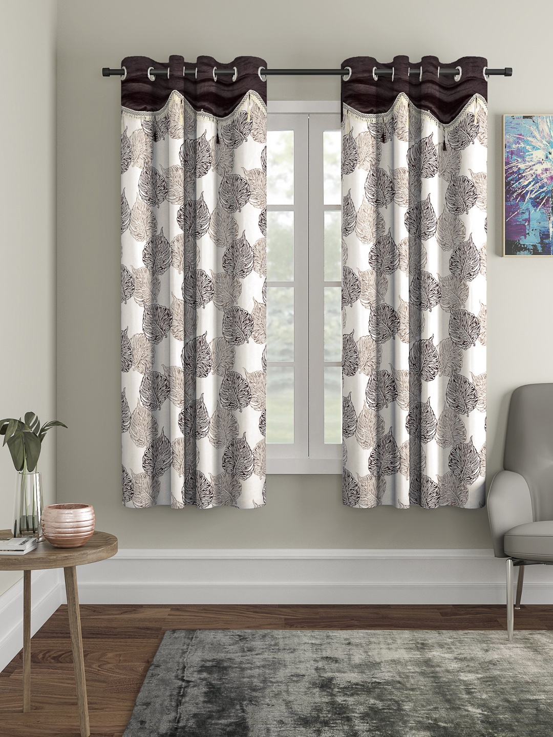 

Cortina Brown & White Set of 2 Fancy Valance Leaf Printed Window Curtains