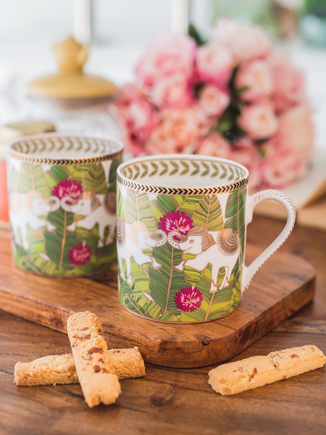 GOODHOMES Green & White Set of 2 Printed Bone China Cup Set