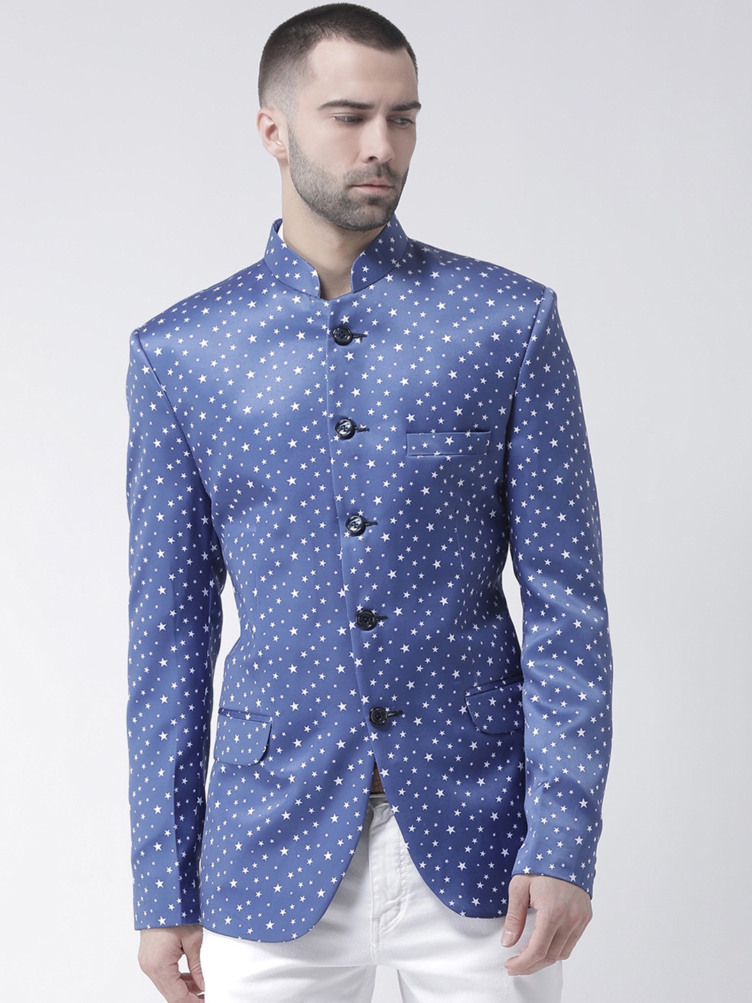 

Hangup Men Blue & White Star Printed Regular Fit Bandhgala Blazer