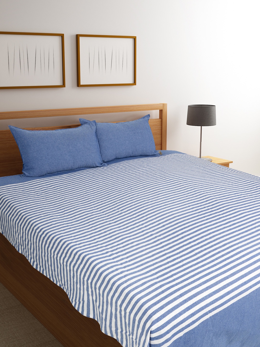 

Saral Home Blue Striped 500TC Bed Covers with Two Pillow Covers