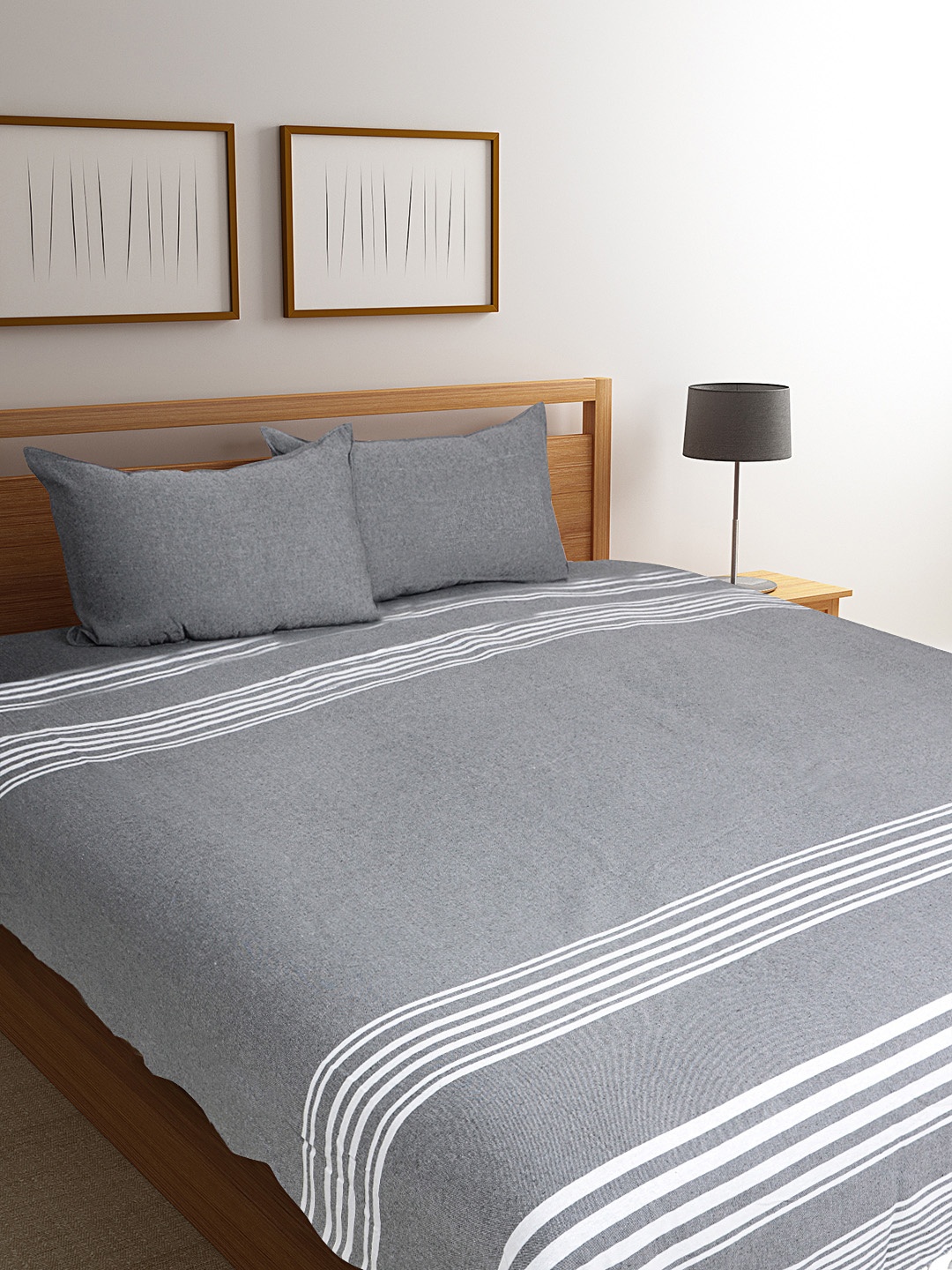 Saral Home Grey Striped 500TC Bed Covers with Two Pillow Covers