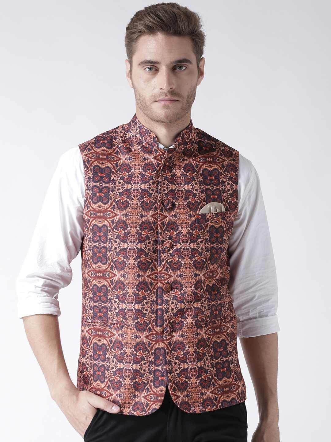 

Hangup Men Brown Printed Nehru Jacket With Pocket Square