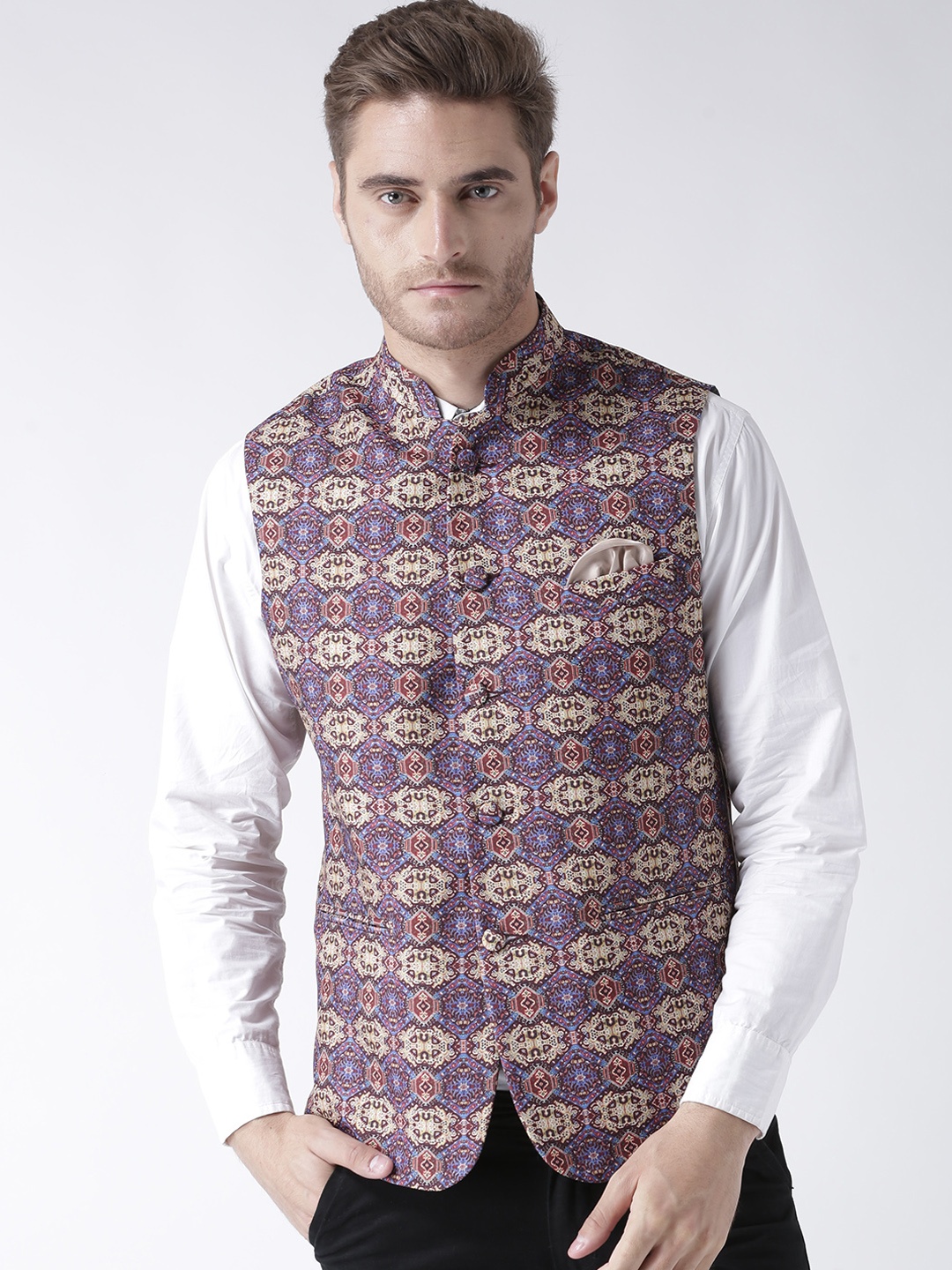 

Hangup Men Multicoloured Printed Nehru Jacket With Pocket Square, Multi
