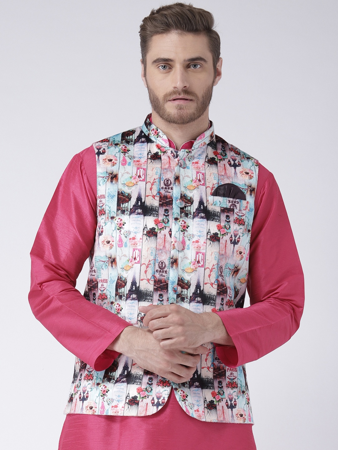 

Hangup Men Multicoloured Printed Nehru Jacket With Pocket Square, Multi