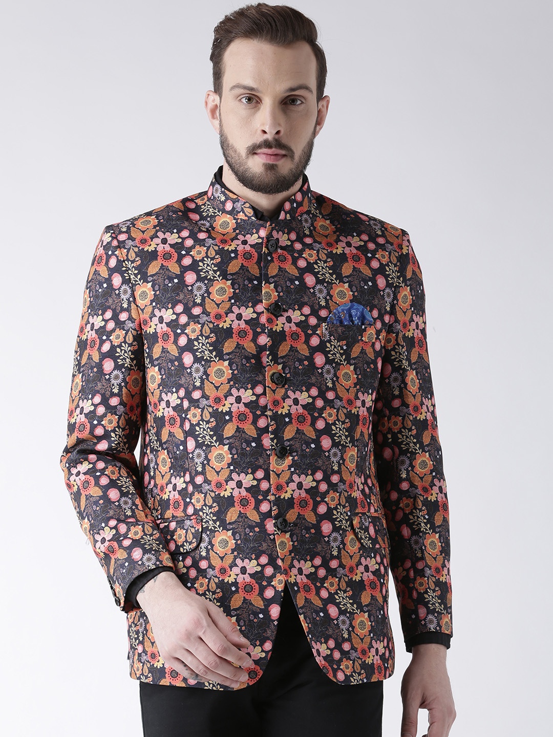 

Hangup Men Multicolour Floral Printed Regular Fit Bandhgala Blazer, Multi