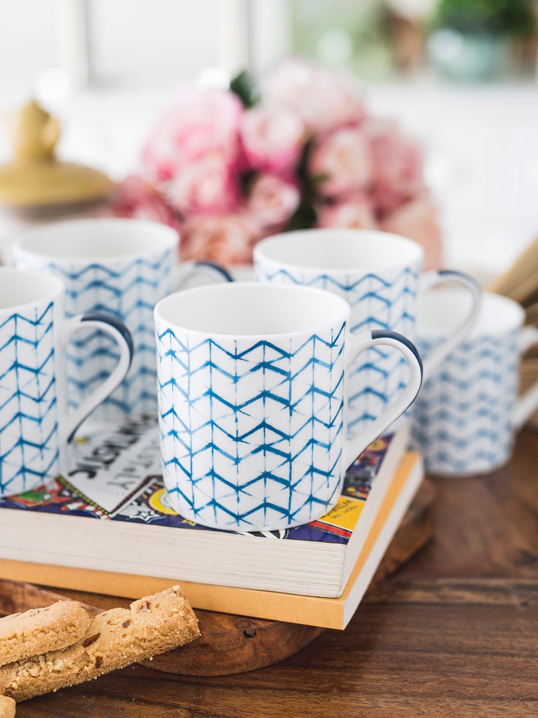 

GOODHOMES White & Blue Set of 6 Printed Bone China Cup Set