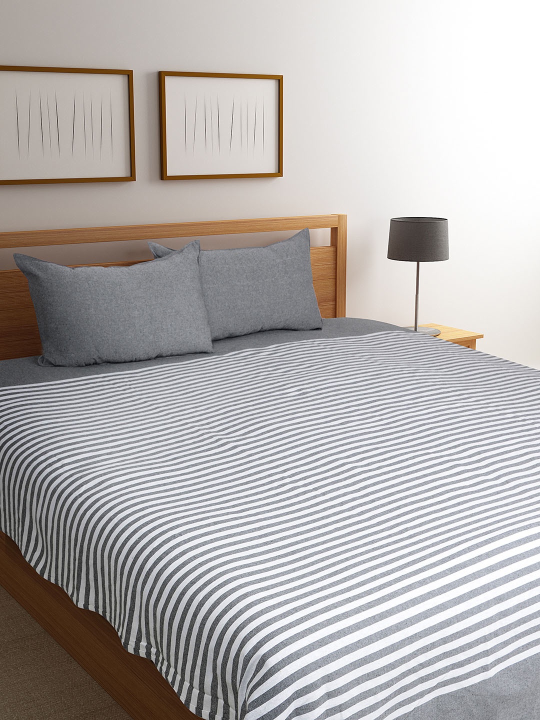 

Saral Home Grey Striped 500TC Bed Covers with Two Pillow Covers