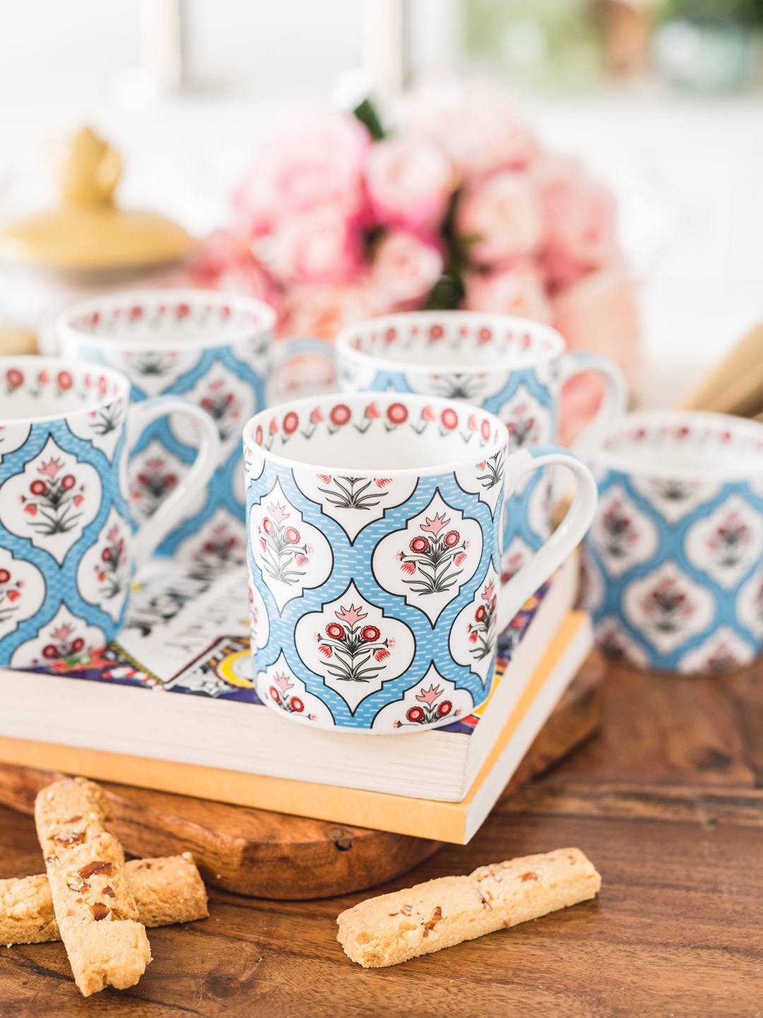 

GOODHOMES White & Blue Set of 6 Printed Bone China Cup Set