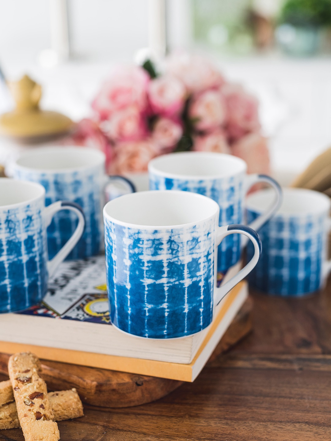 

GOODHOMES Blue & White Set of 6 Printed Bone China Cup Set