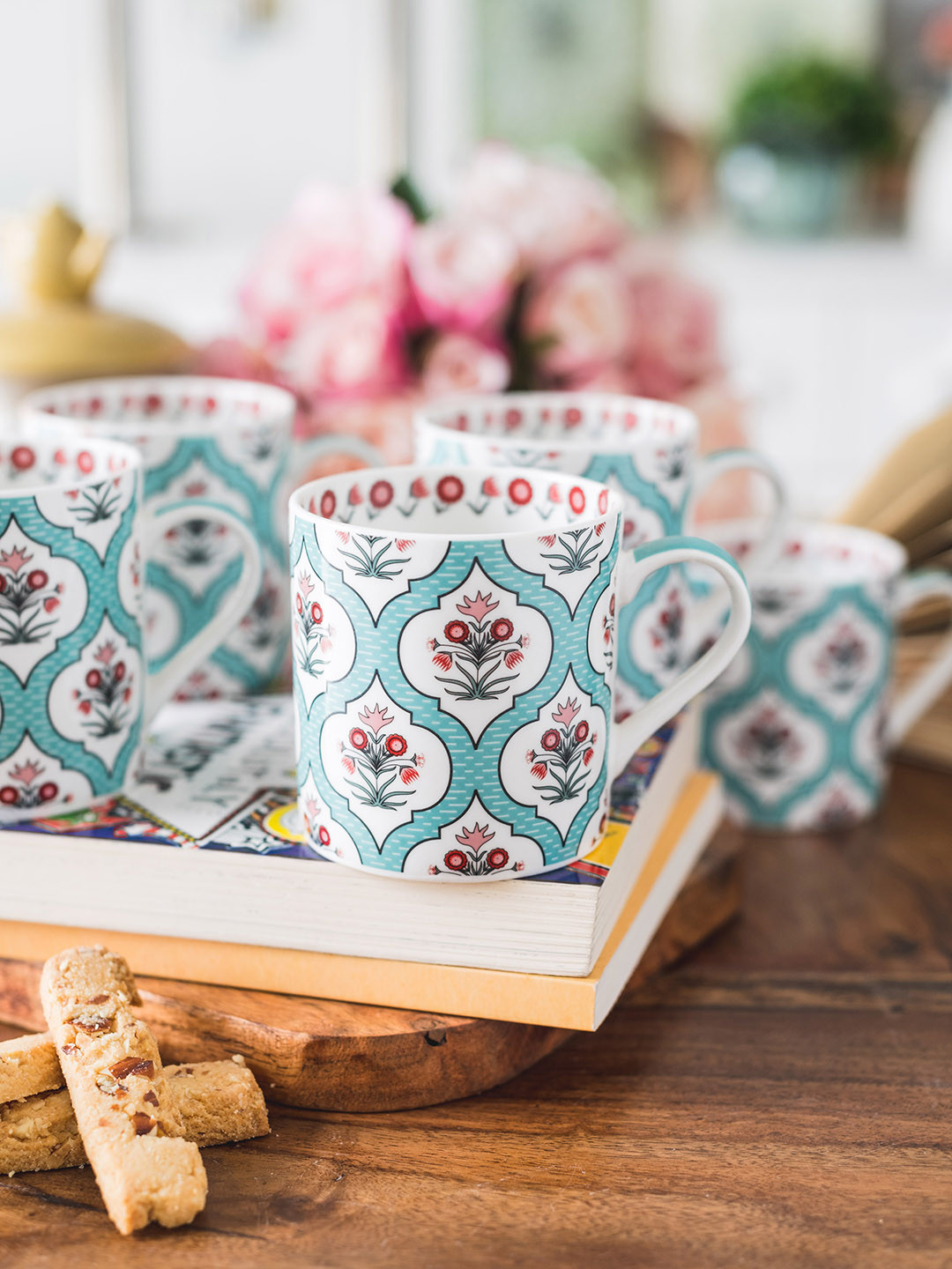 

GOODHOMES White & Blue Set of 6 Printed Bone China Cup Set